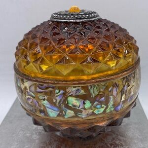 Vintage Amber Glass Orb-Ball Diamond Point Amber Glass With Mother Of Pearl